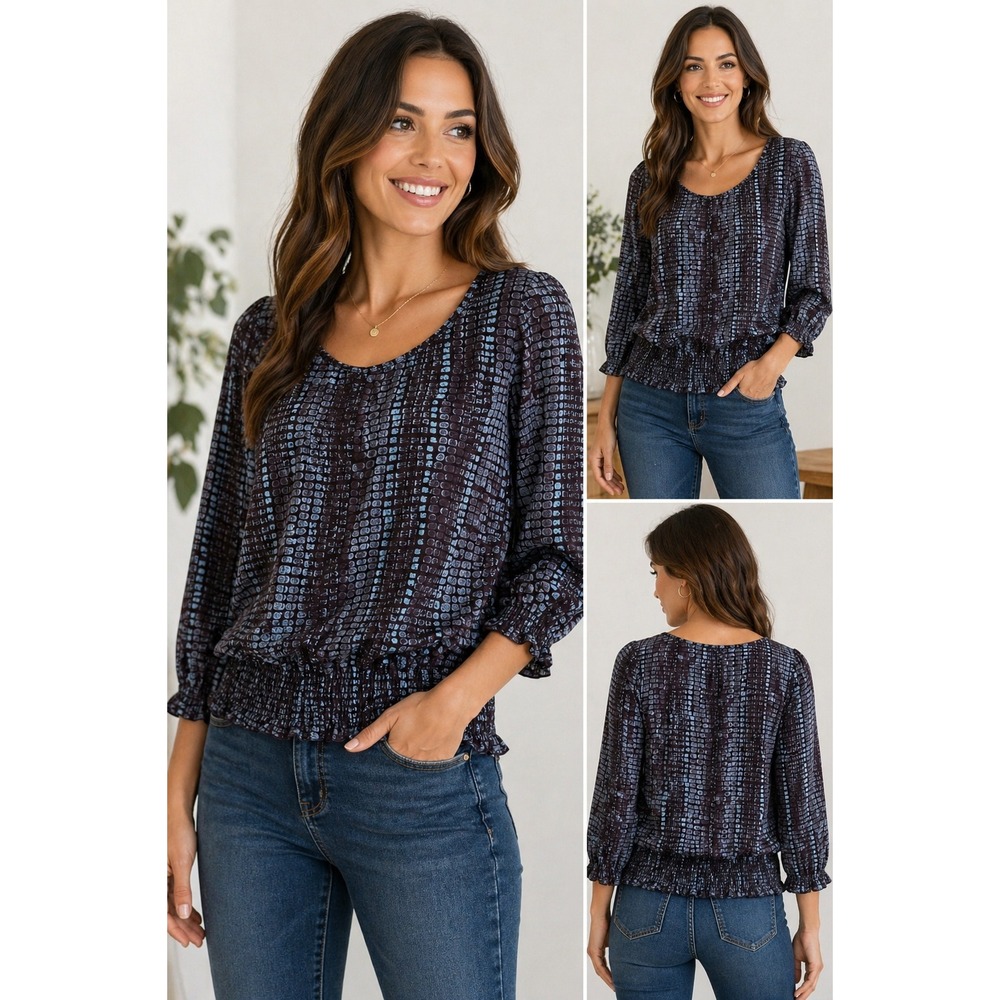 Thesis Geometric Print Blouse Womens Small Purple Blue Smocked Blouson Top